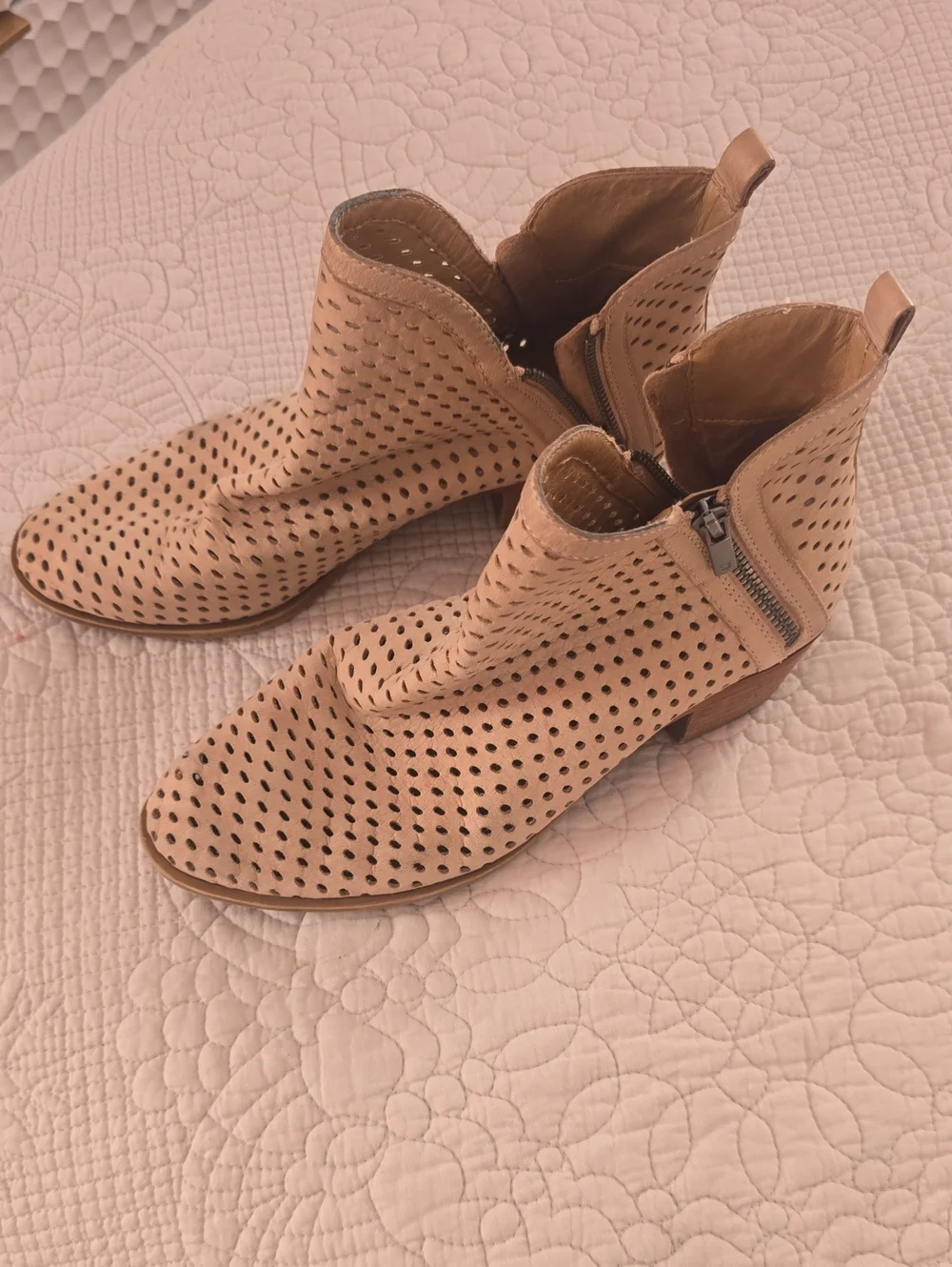 Lucky Brand Perforated Light Tan Women's Ankle Boots with Side Zip On Both Sides
